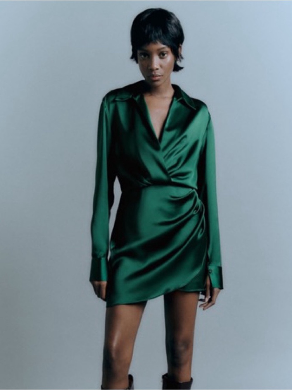 Zara | SATIN EFFECT WRAP DRESS GREEN, small